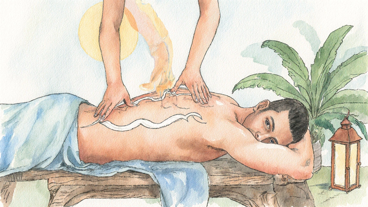 Ilustrace Lomi Lomi masáže s terapeutem používajícím lokty a předloktí na klientovi.