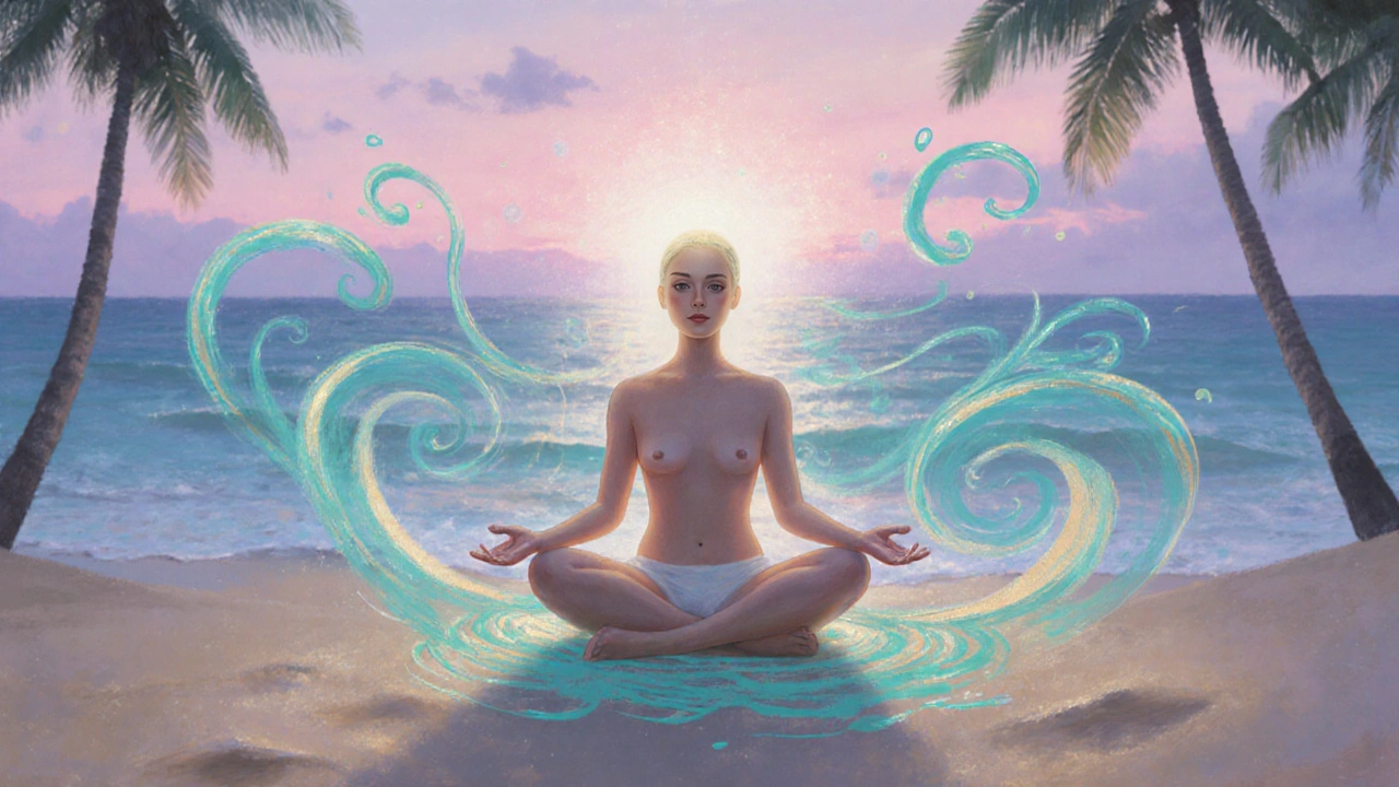 Osoba po masáži sedí na pláži s aurou, symbolizující relaxaci a očistu.