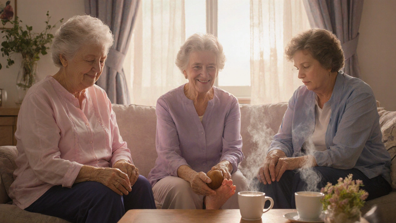 Tři ženy společně provádějí reflexní masáž chodidel doma.