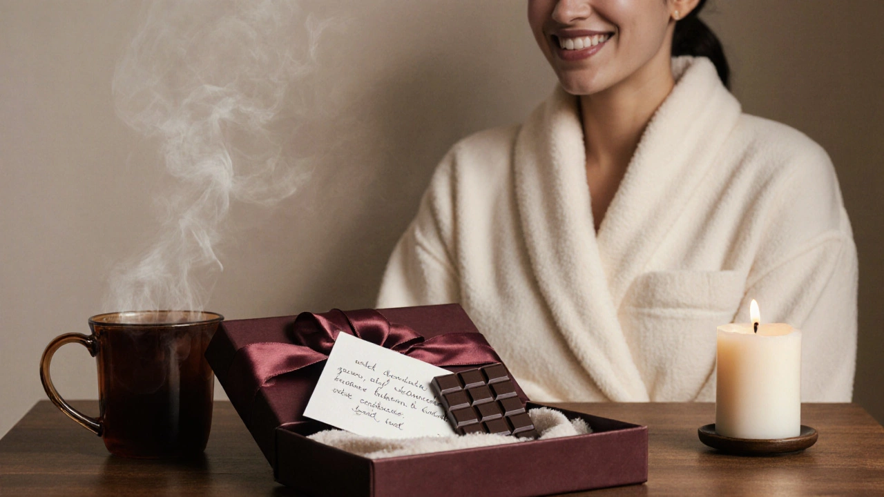 Dárek čokoládové masáže: balíček s čokoládou a poznámkou na poličce, žena v plášti se šťastně usmívá.