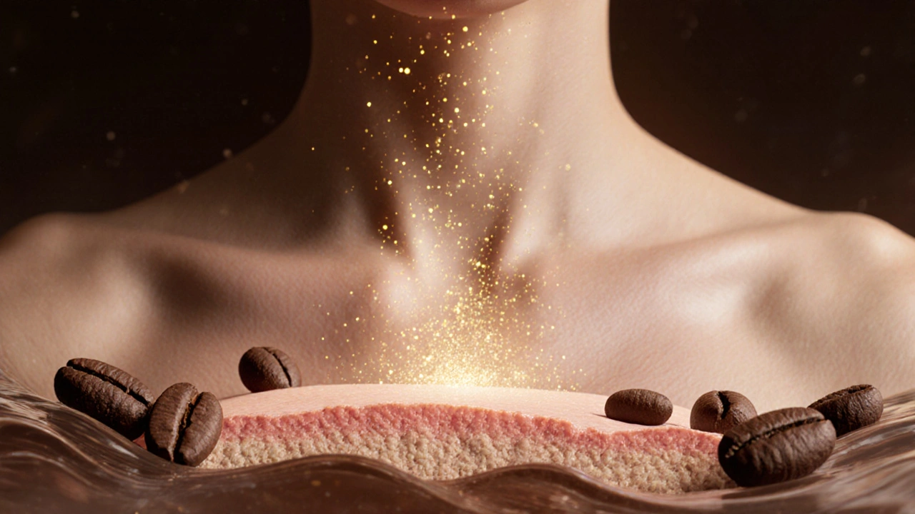 Detail kůže absorbuje antioxidanty z čokolády v podobě zlatých částic.