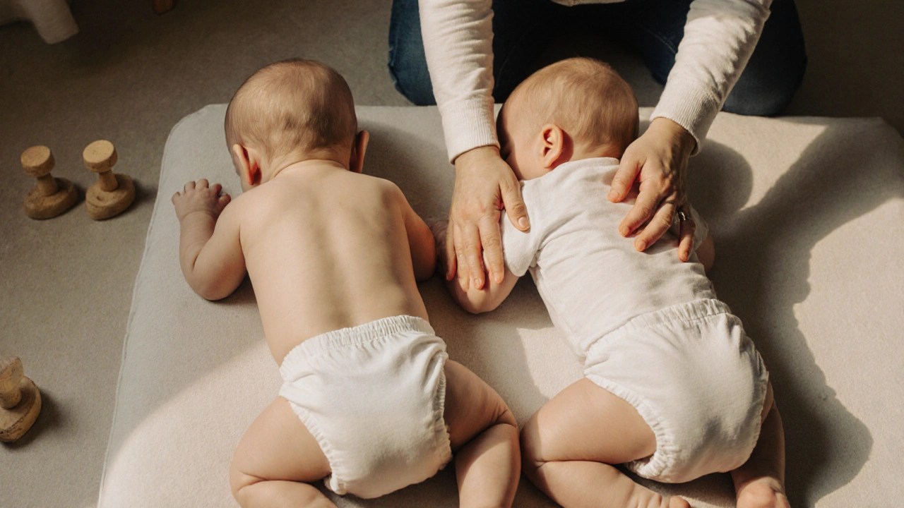 Dvojčata jsou současně masírována rodičem, každé z nich klidně reaguje na dotek.