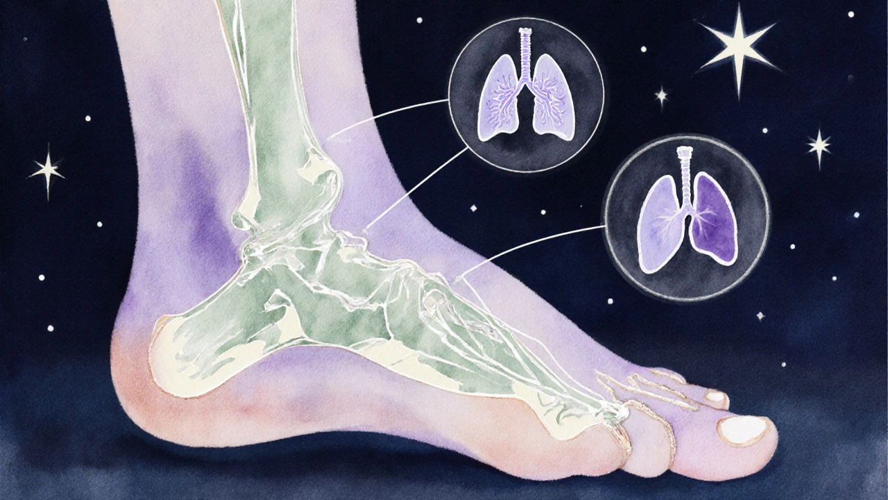 Kreslená mapa nohy s propojenými orgány – prst k mozku, oblouk k srdci, paty ke sloupu.