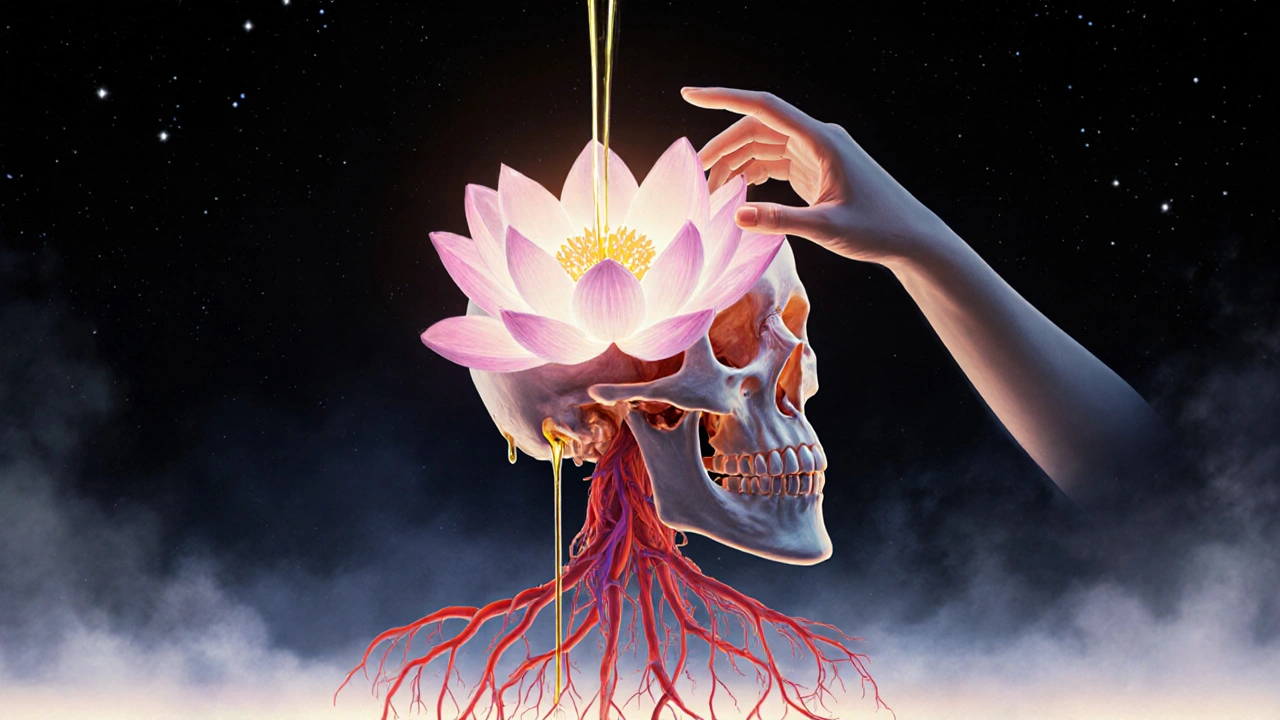 Lidská lebka přeměněná na lotos, symbolizující klid a obnovu po stresu.