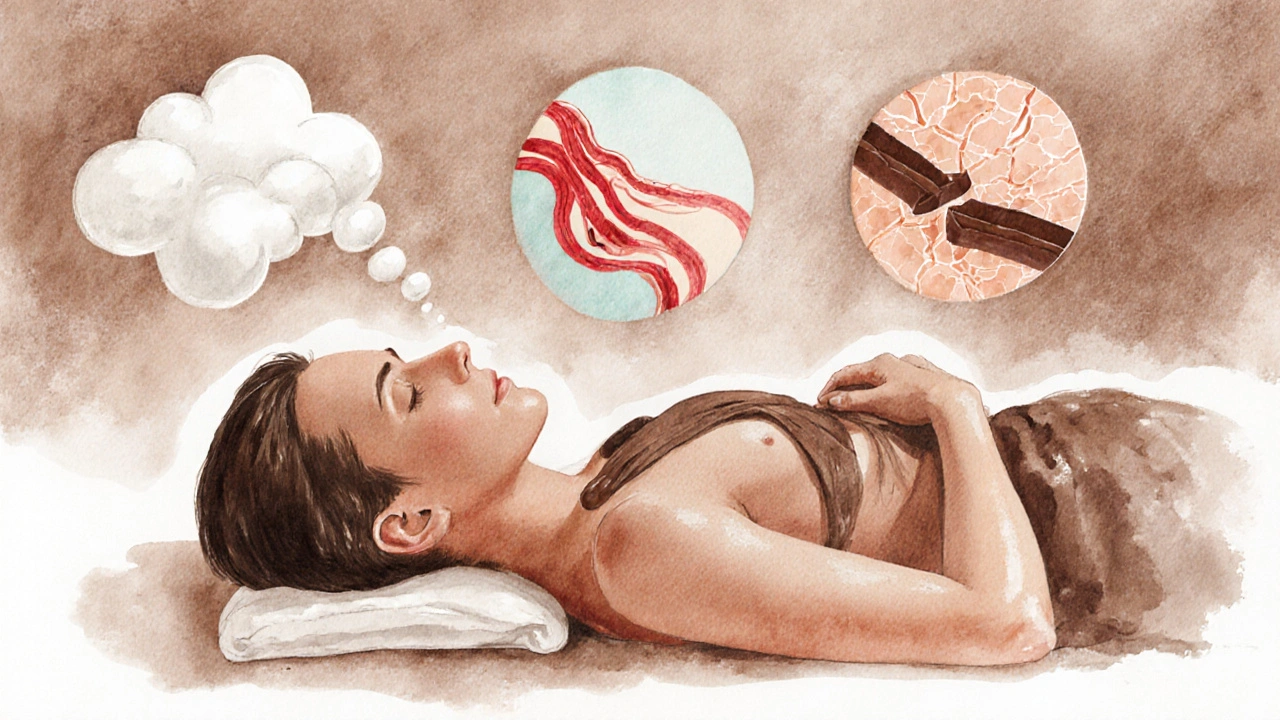 Osoba po čokoládové masáži s vizuálními symboly klidu a obnovy kůže.