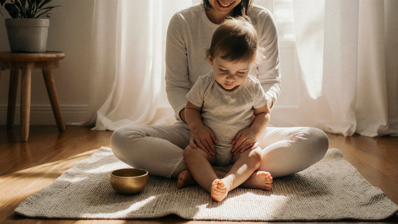 Rodič masíruje bříško batolata pomalými krouživými pohyby ve výhodném světle.