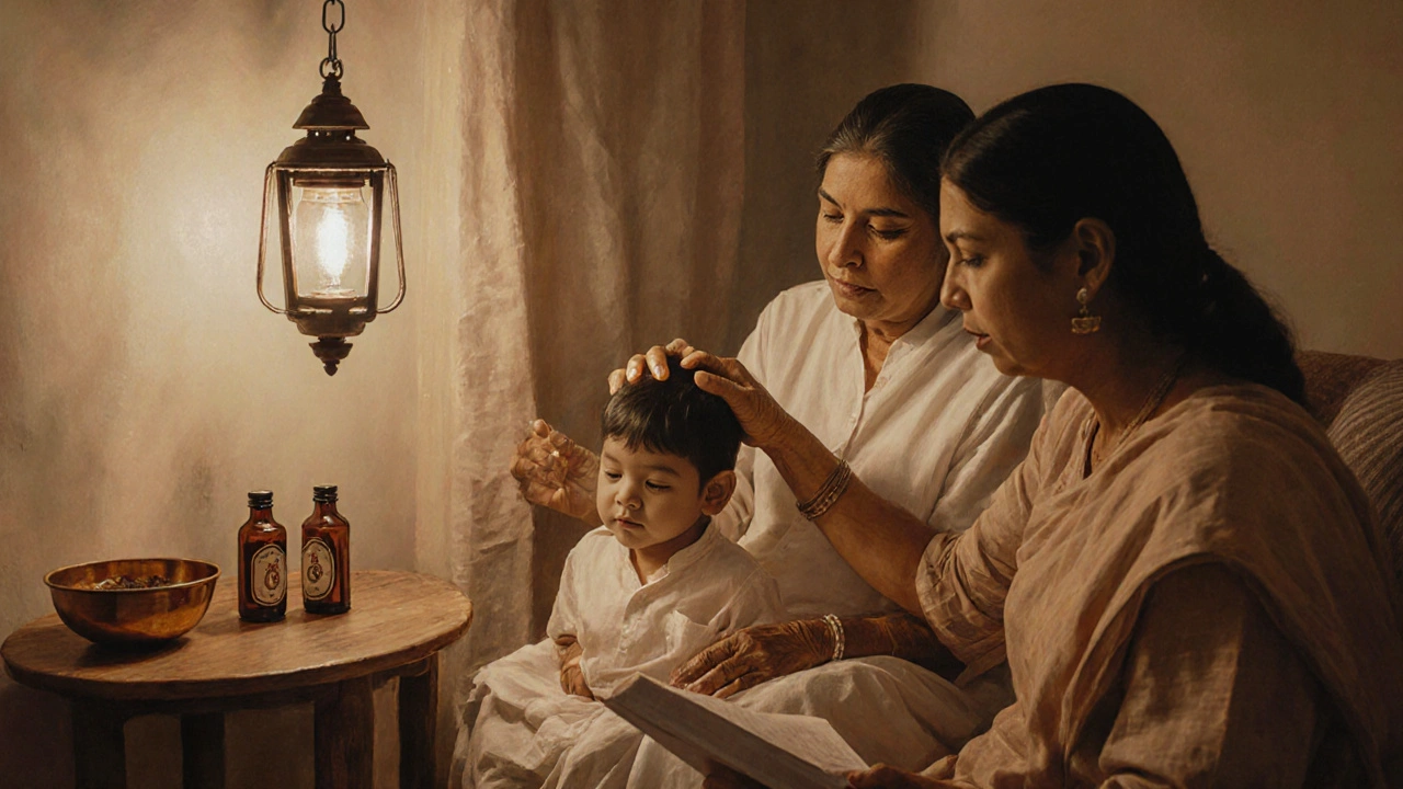 Rodina společně provádí rituál masáže hlavy — babička masíruje dítě ve věčném tichu.