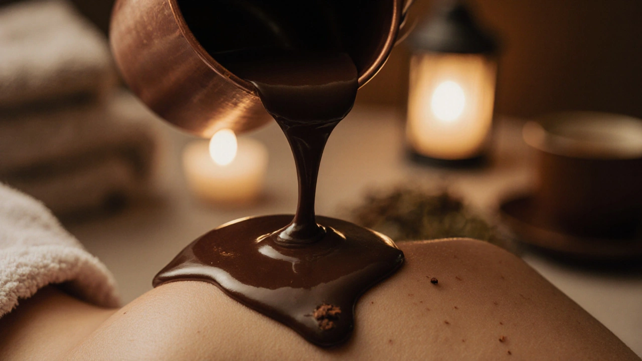 Roztavená tmavá čokoláda klouže po kůži ramene, září v teplém světle, pozadí je měkké a nezřetelné.