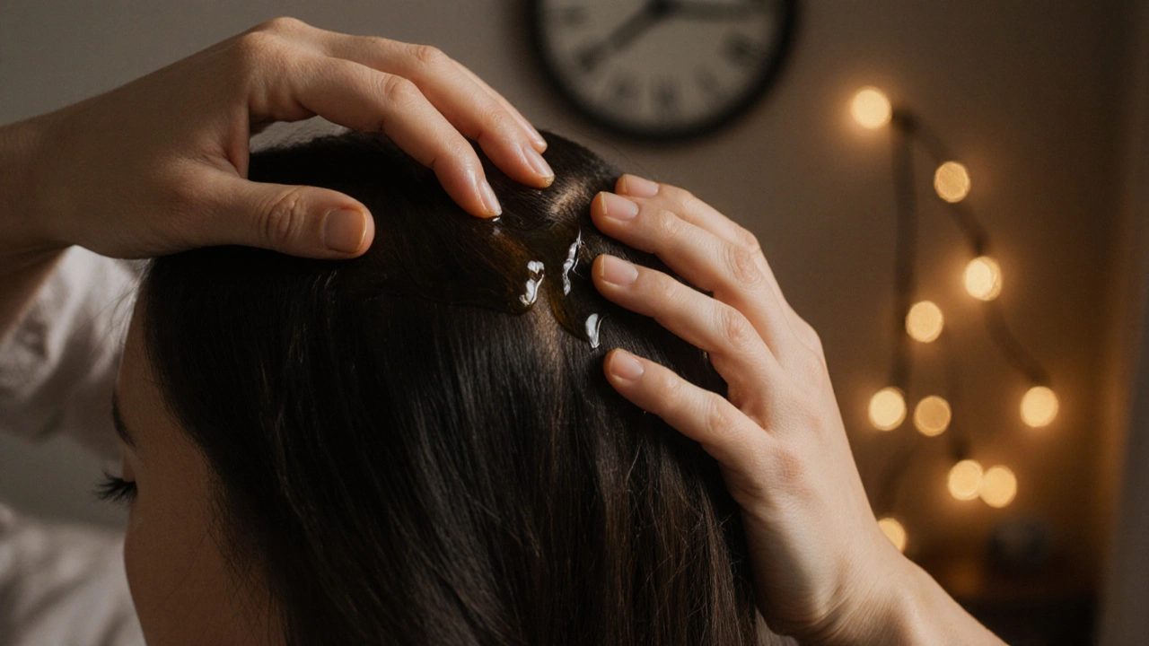 Ruce masírují kůži hlavy teplým olejem, vlasy lesknou se v měkkém světle.