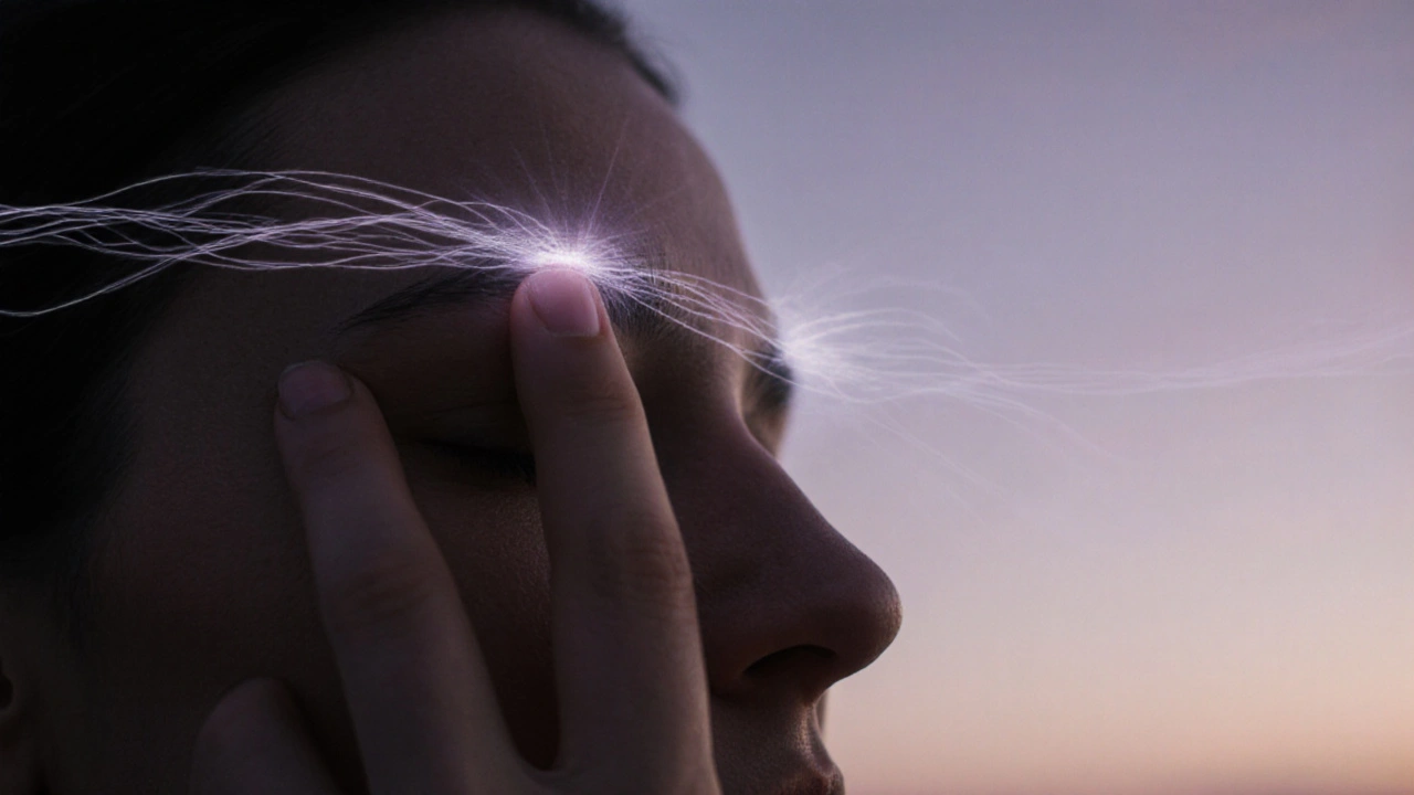 Ruka dotýká místa mezi obočím a nosním mostkem, symbolizující uvolnění nervového napětí.