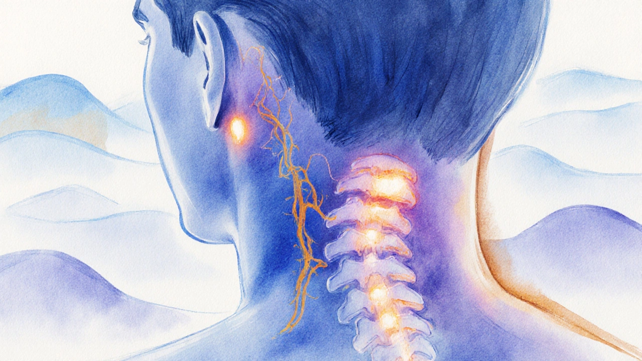 Umělecký náčrtek s označenými klíčovými body masáže pro migrénu na krku a hlavě.