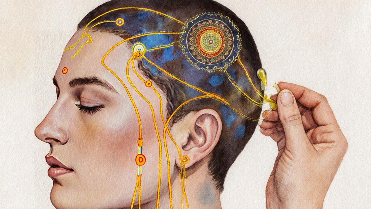 Vizualizace energetických kanálů v hlavě s olejem a rukama, které je aktivují.