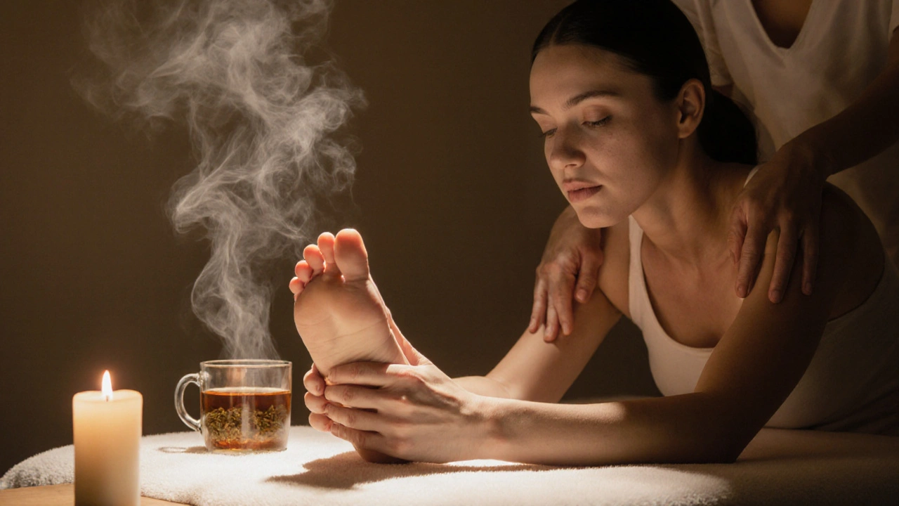 Žena v klidu na masážním stole, ruce terapeuta na nohou, teplé osvětlení a pocit uvolnění.