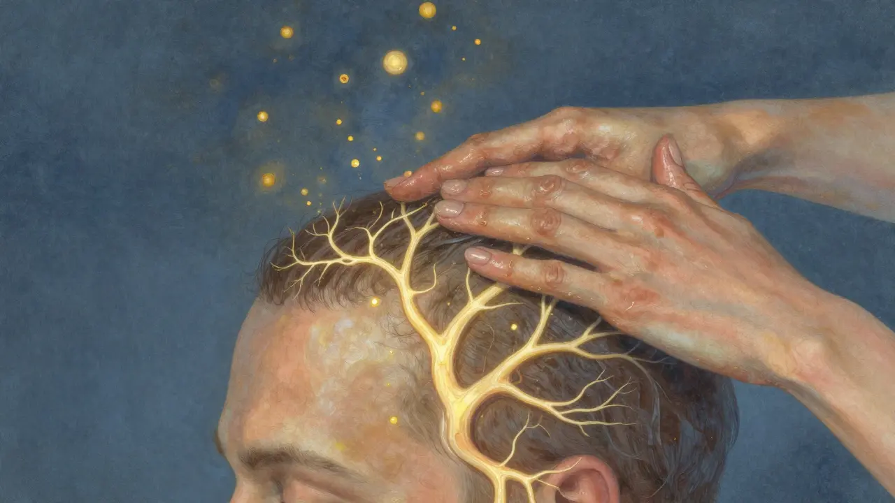 Abstraktní znázornění zdravé vlasové pokožky s proudy krve a lymfy, které odvádějí toxiny.