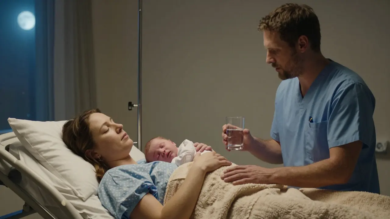 Muž předává vodu a deku porodní sestře, zatímco matka odpočívá.
