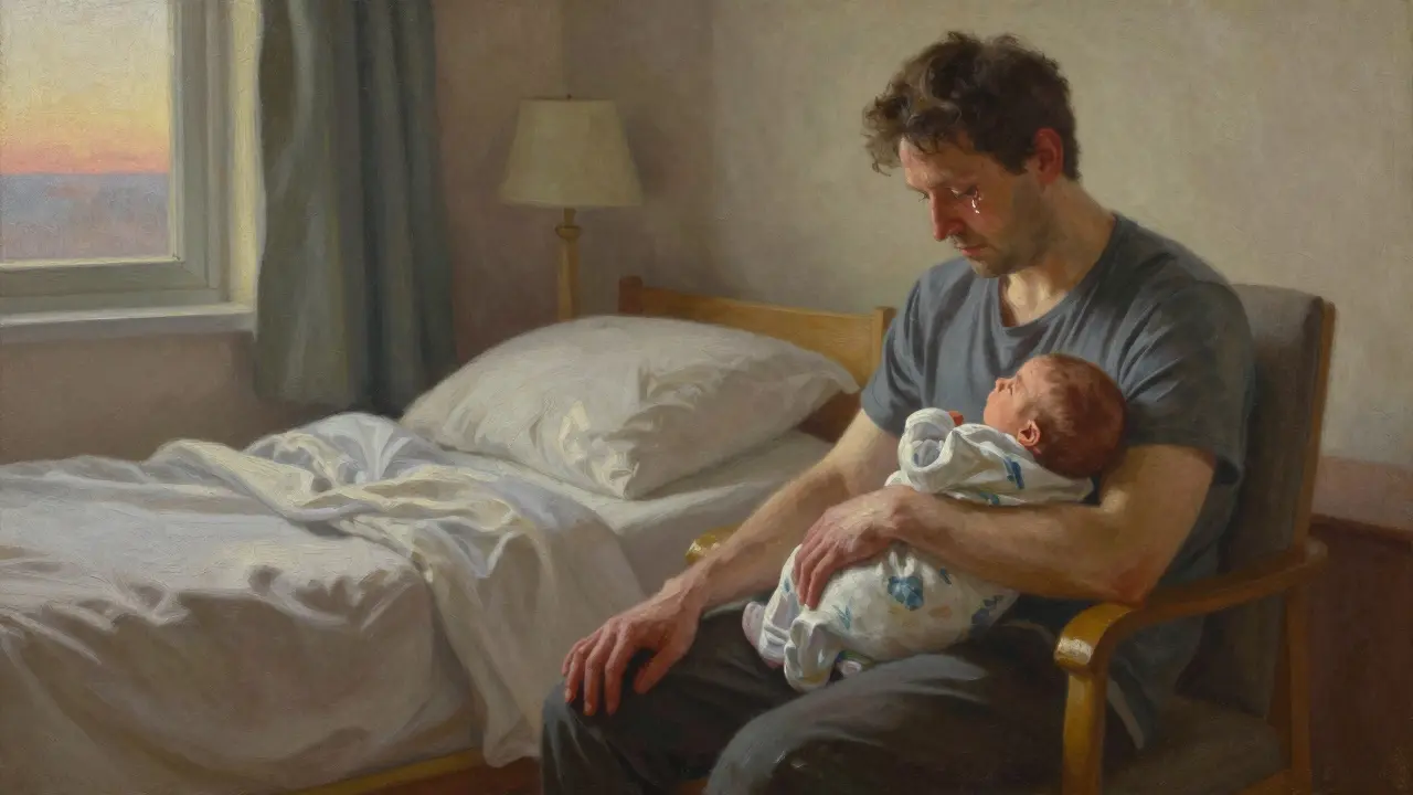 Nový otec pláče z klidného úhlu, když sleduje své novorozence v náručí matky.