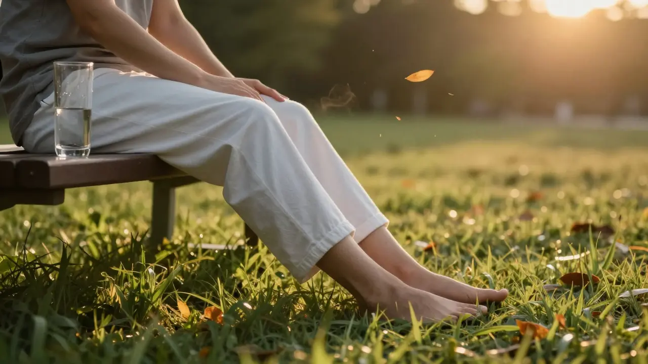 Osoba po masáži sedí na trávě v záři západního slunce, klidně dýchá.