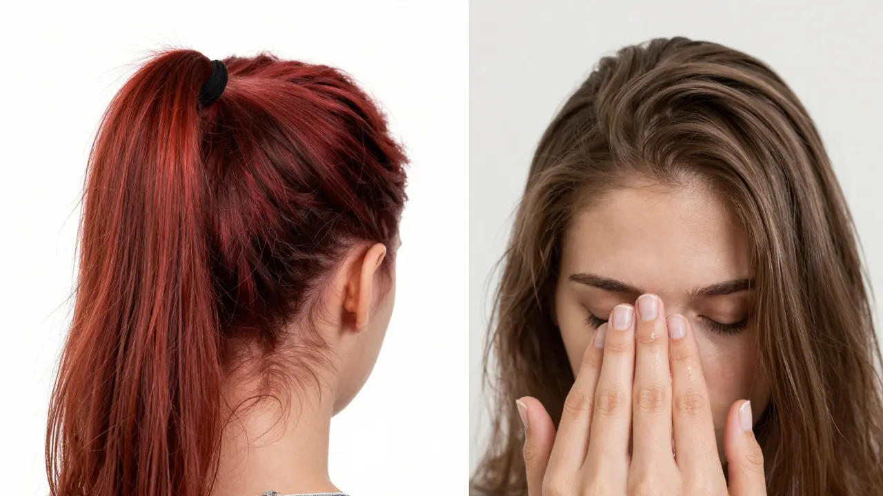 Před a po: napjatá, zánětlivá pokožka proti uvolněné, lesklé pokožce s volnými vlasy.