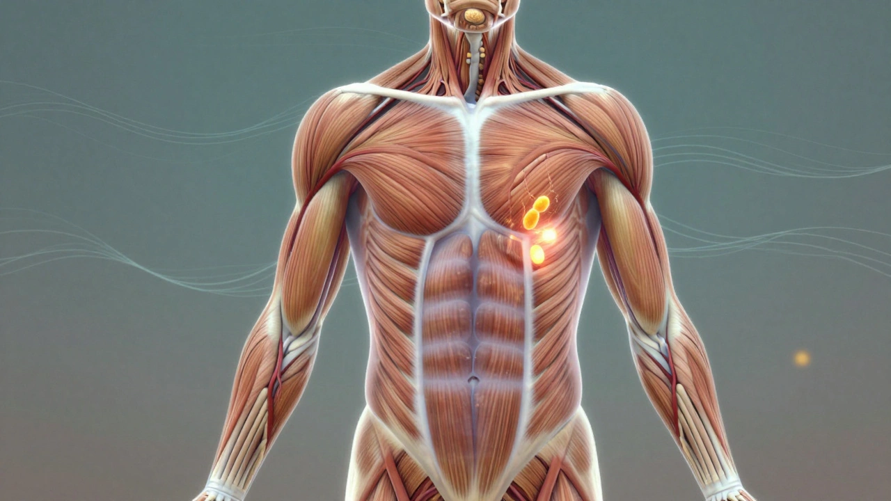 Průhledný náčrt lidského těla s viditelným zlepšeným krevním oběhem a mitochondriemi v svalové tkáni.