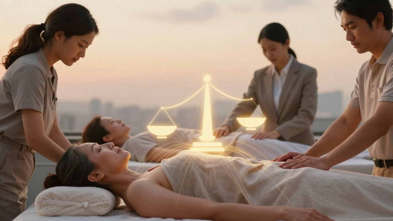 Různí lidé v klidu po masáži, spojení zlatými čarami symbolizujícími obnovu a rovnováhu.