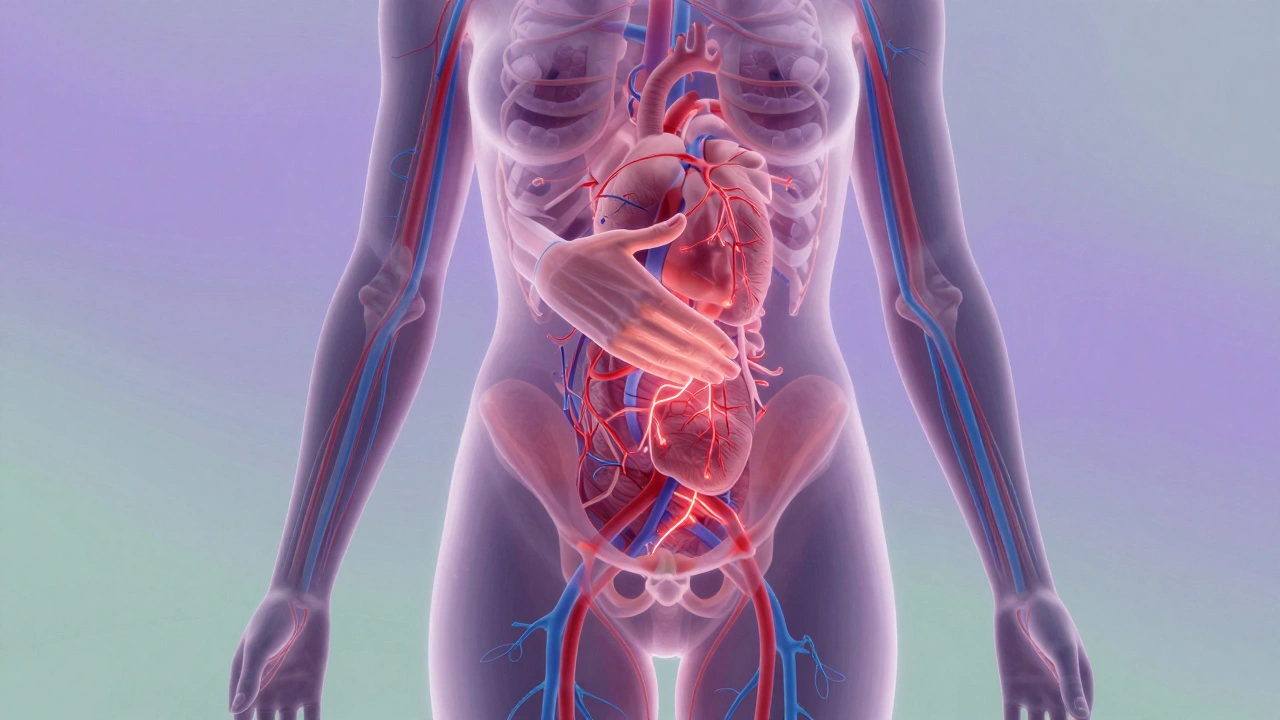 Stylizovaný náčrt těla s proudy krve a lymfy, znázorňující účinek masáže po porodu.