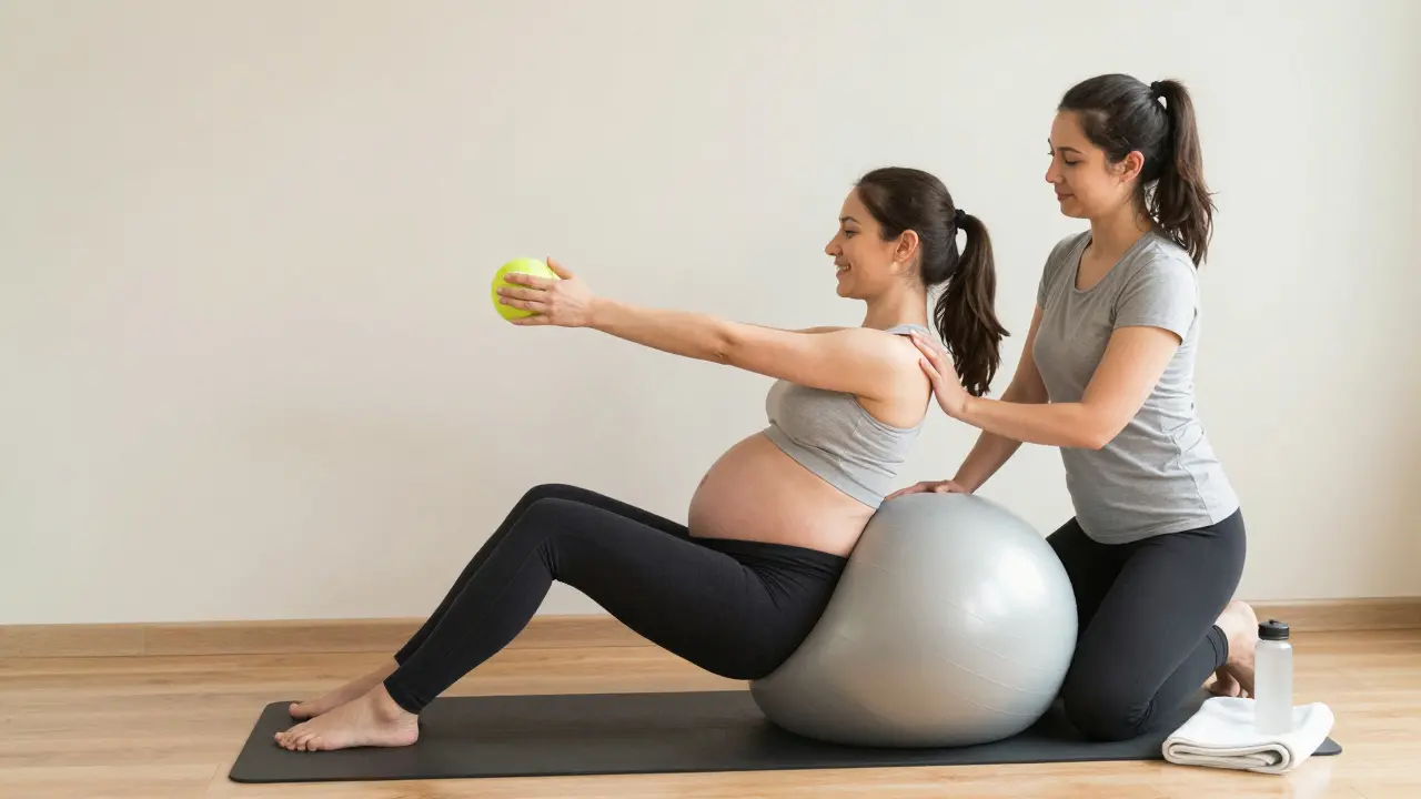 Těhotná žena používá tenisový míček k uvolnění páteře na stabilizační kouli v klidném prostředí.