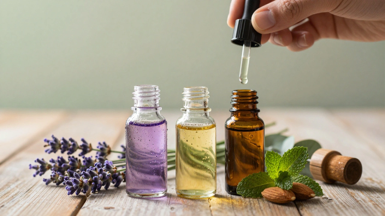 Tři lahve s čistými esenciálními oleji – levandule, peppermint a eukalyptus – na dřevěném povrchu, kapičky oleje ve vzduchu.