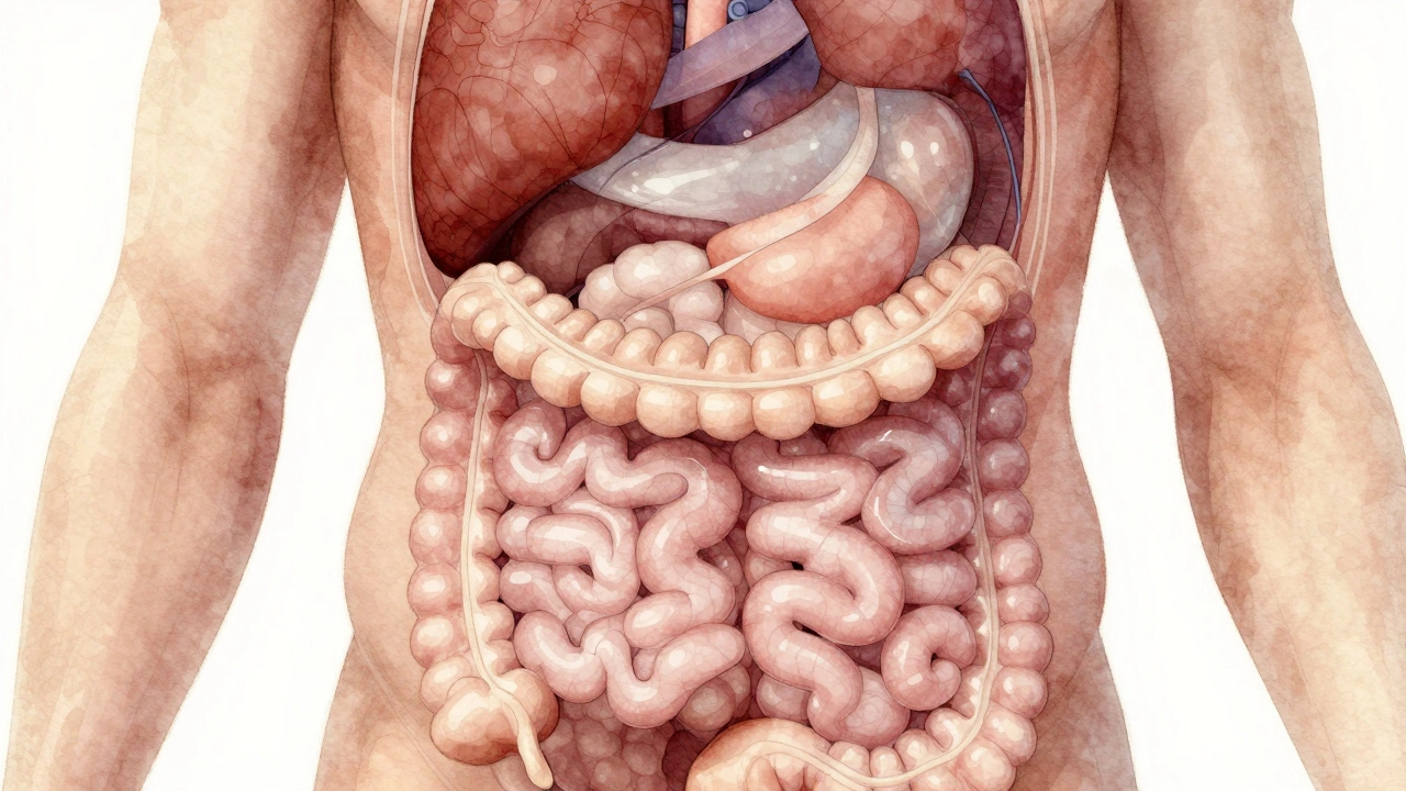 Ukázka anatomického směru masáže břicha podle trávicího traktu.