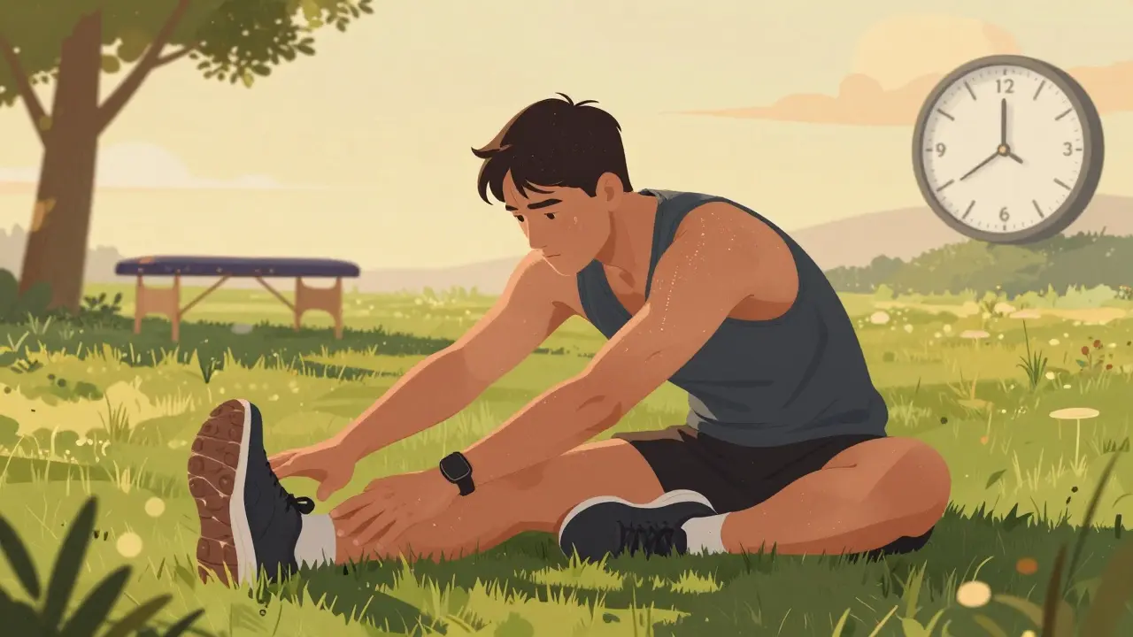 Běžec lehce protahuje svaly po tréninku, čeká na masáž.