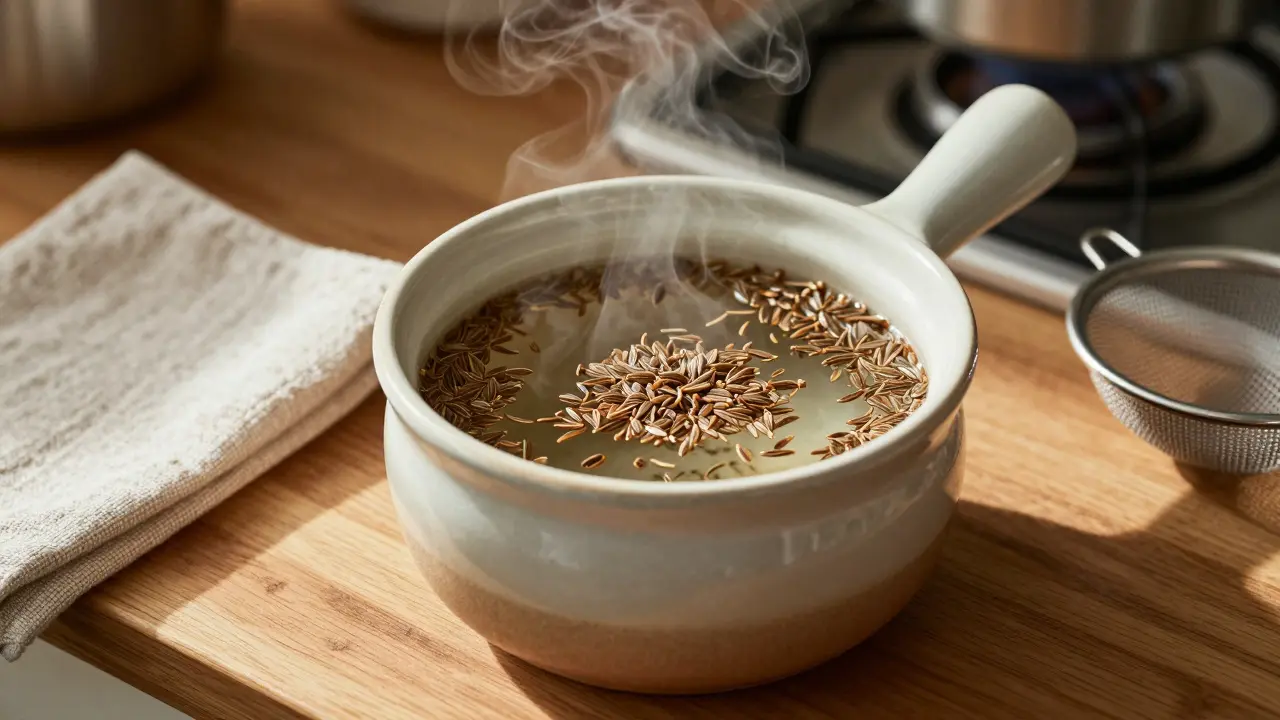 Kmínová semínka vaří v vodě v hrnci na kuchyňské desce s čistým hadříkem vedle.