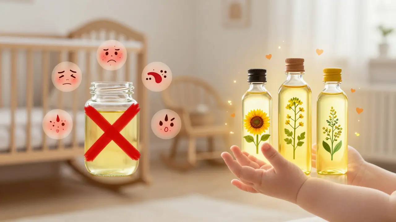 Porovnání bezpečných a nebezpečných olejů pro masáž dětí: slunečnicový, řepkový a jojoba vs. minerální olej.