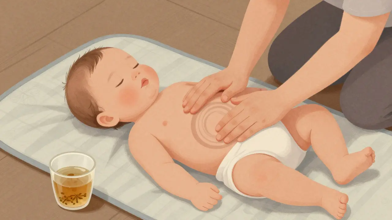 Rodič jemně masíruje bříško miminka ve směru hodinových ručiček na měkké podložce.