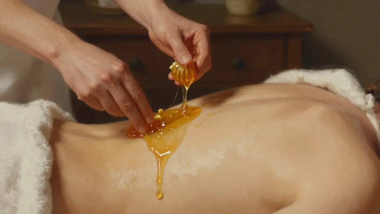 Ruce odstraňují med z kůže na zádech, zlaté nitky se táhnou.