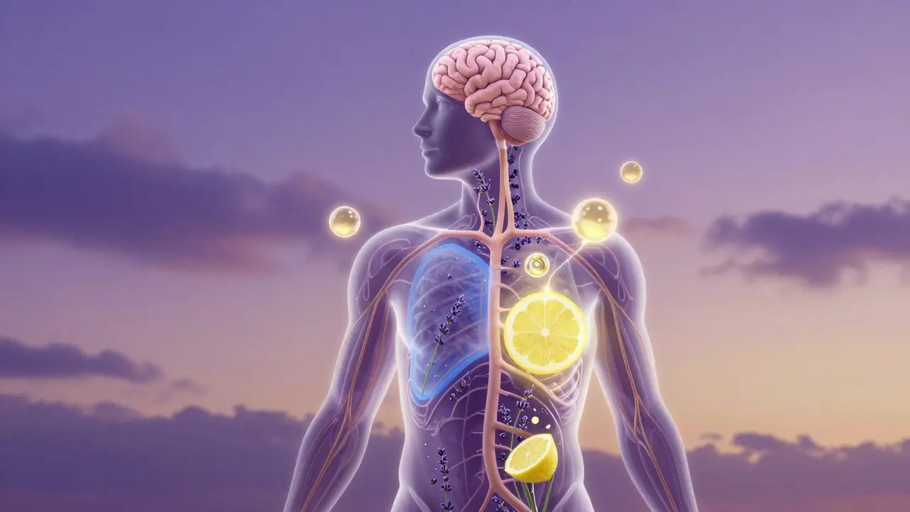 Transparenční silueta těla s esenciálními oleji proudícími do mozku a krevního oběhu.