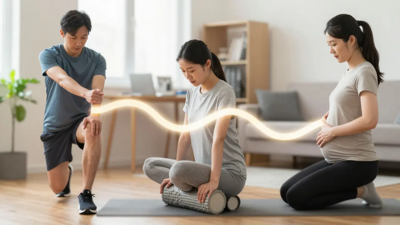 Tři lidé v různých životních situacích používají regeneraci pro obnovu těla.