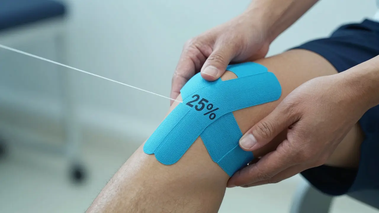 Fyzioterapeut aplikuje tape ve tvaru X na koleno