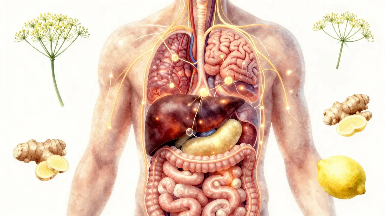 Průřez břicha ukazující zvýšený krevní tok a aktivaci vagálního nervu při aromaterapeutické masáži.