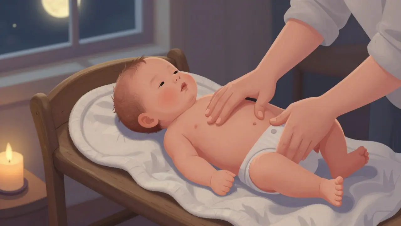 Rodič masíruje bříško novorozence před spaním jemnými kruhovými pohyby v teplém prostředí.