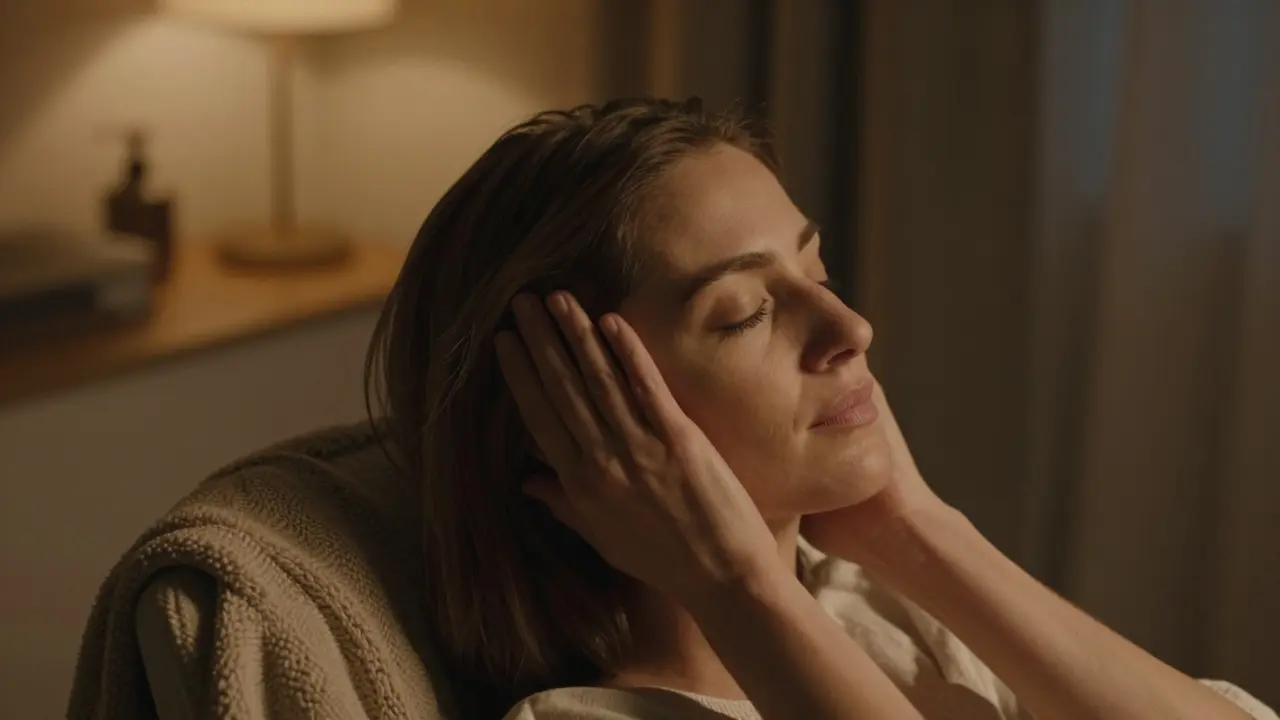 Ruce masírují kůži hlavy v tiché noční místnosti.