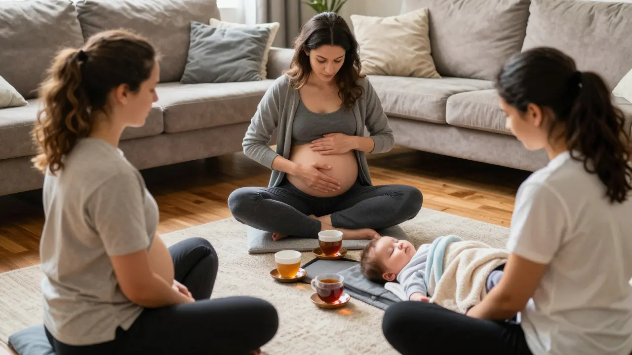 Tři matky se navzájem masírují v kruhu, sdílejí klid a podporu doma.