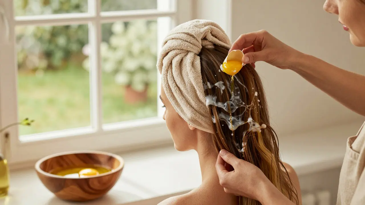Žena aplikuje domácí masku z vaječného žloutku a olivového oleje.