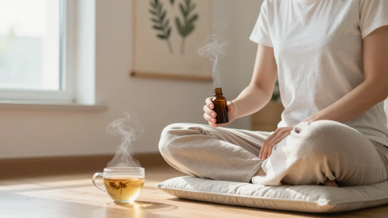 Žena po aromaterapeutické masáži břicha s láhví oleje a čajem v klidném domácím prostředí.