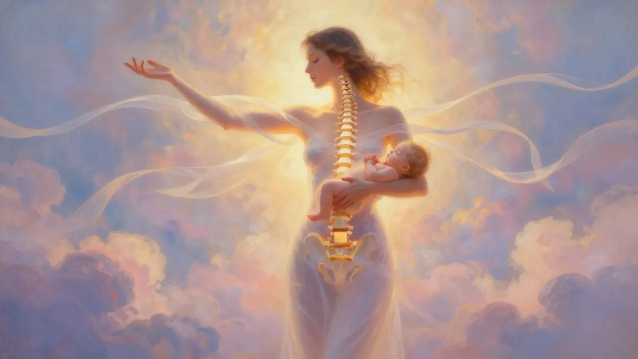 Žena s napraveným postojem stojí s dítětem v náručí, kolem ní se vznášejí pruhy uvolněného napětí.