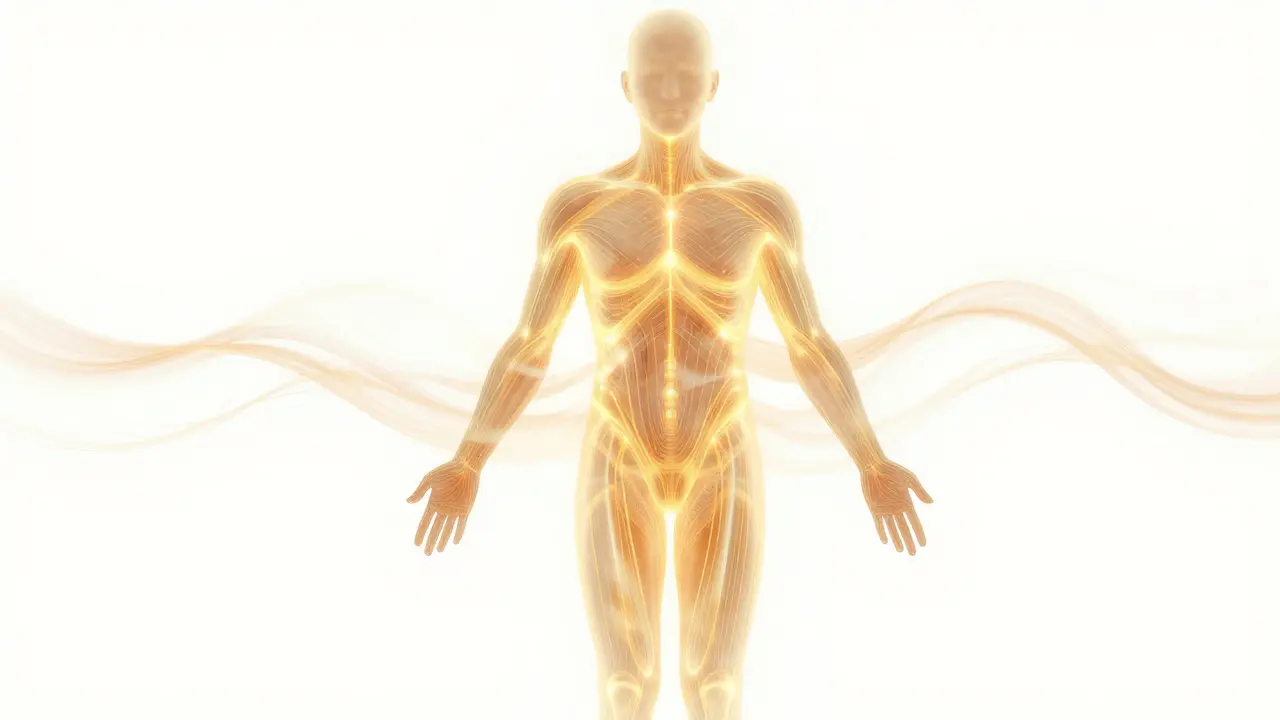 Abstraktní obrázek lidského těla s jasnými energetickými čárami a dechovými vlnami kolem něj.