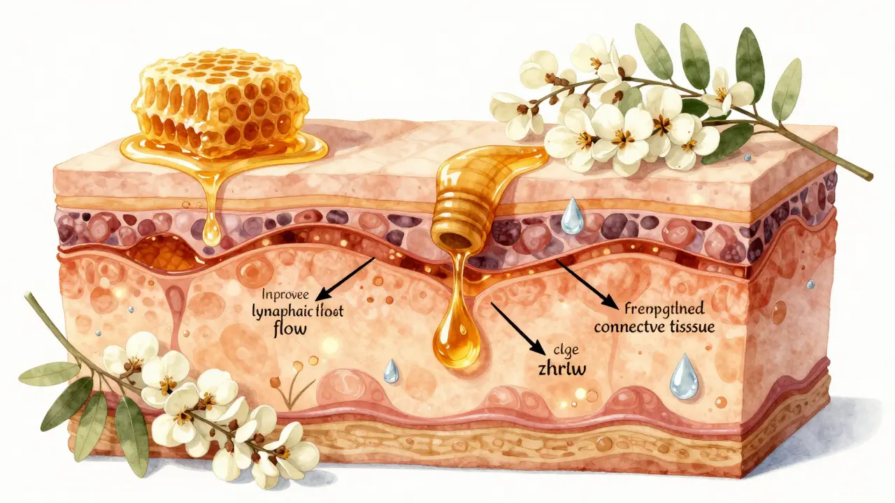 Křížový řez kůže ukazující, jak med proniká do tkání a podporuje detoxikaci.