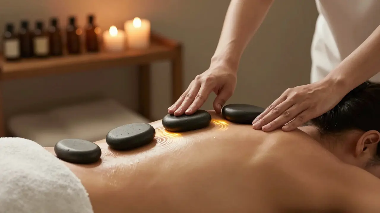 Maséř pomalu posouvá horké lávové kameny po zádech pacienta v klidném prostředí.