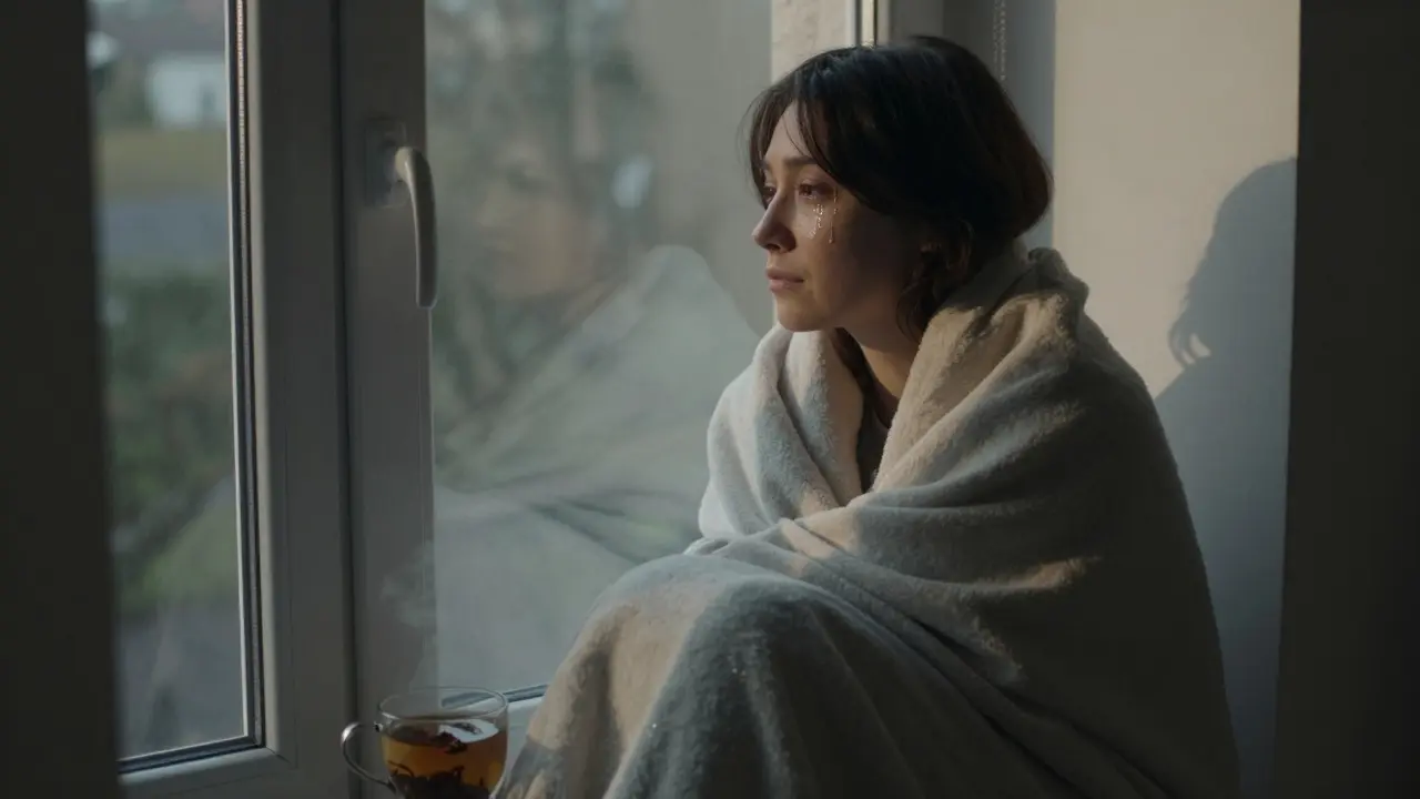 Osoba sedící u okna po masáži, zabalena do plátna, s pláčem a šálkem čaje v ranním světle.