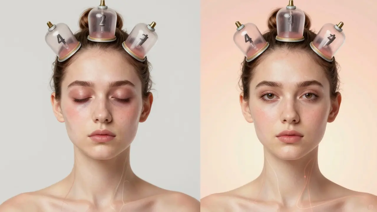 Před a po efektu masážního baňkování: snížení otoků a zvýšení zářivosti kůže.