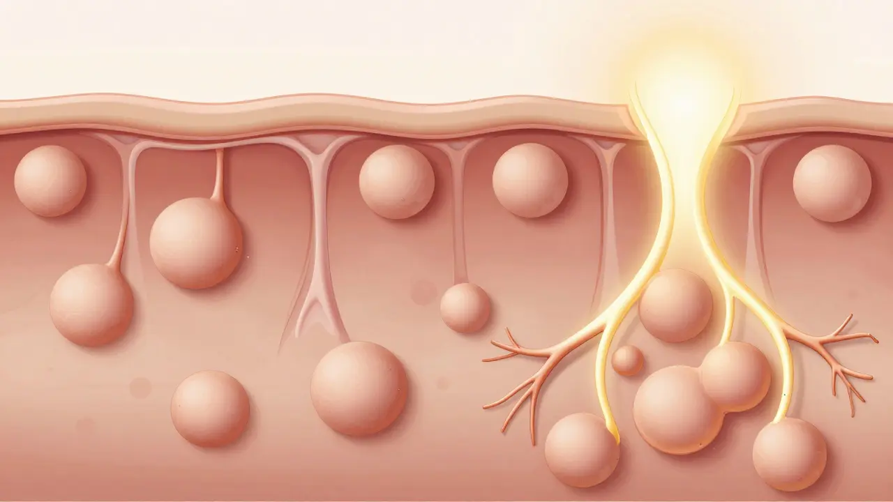 Před a po: struktura kůže s celulitidou vlevo a hladkou pokožkou vpravo s vylepšeným oběhem.