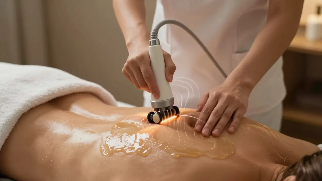 Profesionální masér používá zařízení na bok klientky, zlepšující krevní oběh a lymfatický odtok.